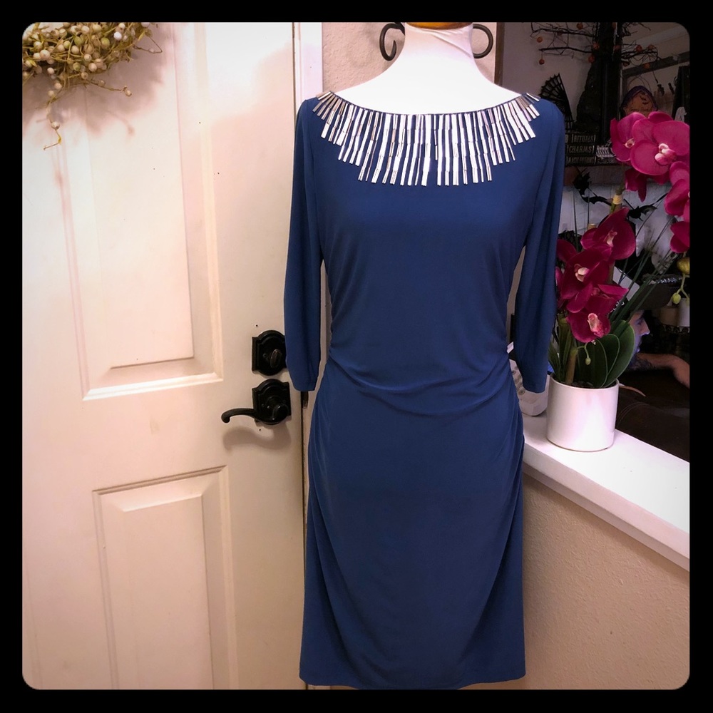 Adrianna Papell Silver Decorated  Neckline Dress